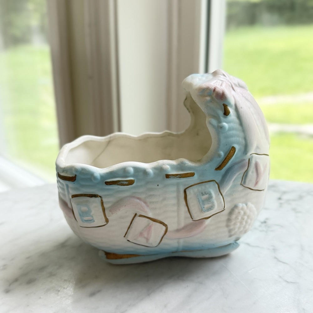 RARE Vintage Dickson Japan Ceramic Baby Cradle Planter Bassinet Block Foil Label